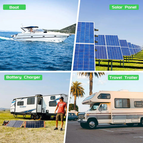 Collage showing boat, solar panels, RV battery charger, and travel trailer, illustrating 20 Foot Solar To XT60 Extension Cable 12AWG usage.