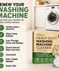 Heavy Duty Washing Machine Cleaner And Descaler With Ultra Thick Time Release Formula Fast Dissolving Effervescent Action For Front Load Or Top Loader No Sweat Deep Clean Pro Grade Extra Large Mega Tabs in eco-friendly packaging with washer.