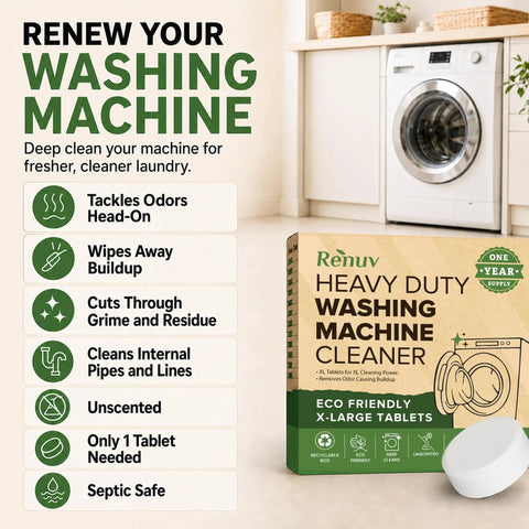 Heavy Duty Washing Machine Cleaner And Descaler With Ultra Thick Time Release Formula Fast Dissolving Effervescent Action For Front Load Or Top Loader No Sweat Deep Clean Pro Grade Extra Large Mega Tabs in eco-friendly packaging with washer.