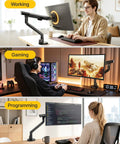 Slick Aluminum Monitor Arm Desk Mount For 17 To 40 Inch Screens Hella Stable Full Motion VESA Bracket shown in home office, gaming, and programming setups.