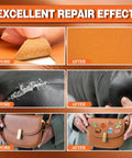 Before and after images showing repairs on leather and vinyl using Leather Glue 60ml Extra Strong Waterproof Flexible Adhesive For Leather And Vinyl With Fast Dry Tech Ideal For Shoes Bags Sofas Jackets Car Seats And Other Repairs.