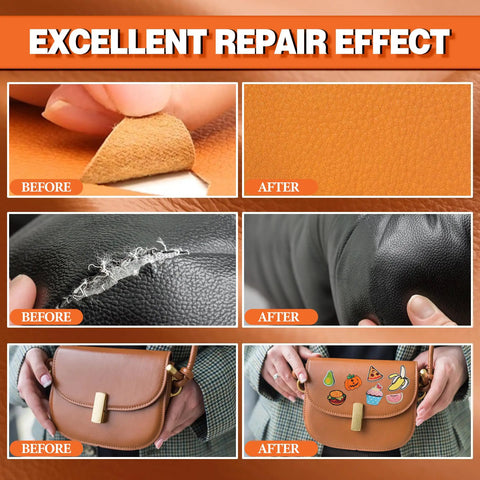 Before and after images showing repairs on leather and vinyl using Leather Glue 60ml Extra Strong Waterproof Flexible Adhesive For Leather And Vinyl With Fast Dry Tech Ideal For Shoes Bags Sofas Jackets Car Seats And Other Repairs.