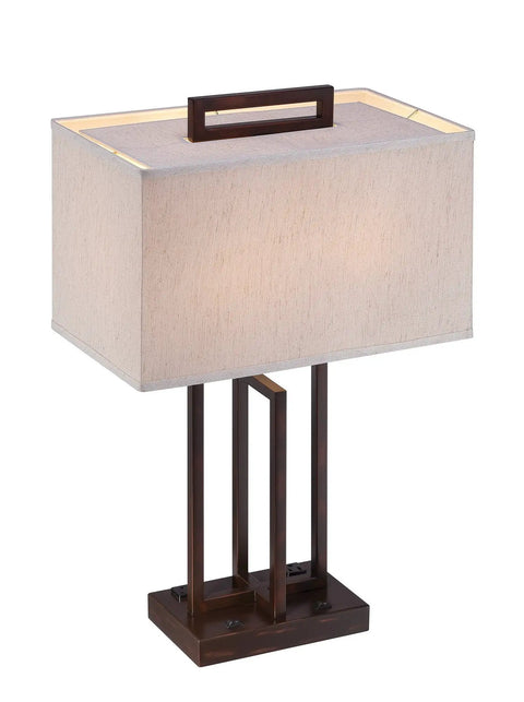 Farren Table Lamp With Built In Dual Outlets, Dark Bronze Metal Frame And Rectangular Off White Fabric Shade, 26.5 Inch Tall Modern Industrial Style Lighting For Living Room Or Bedroom