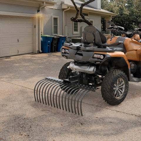 48 Inch Tow Behind Landscape Rake With 17 Steel Tines For ATV UTV And Tractor, 2 Inch Receiver, installed on an ATV