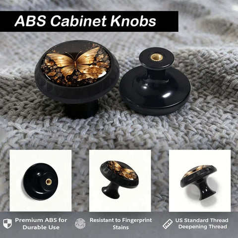 4 Pack Golden Butterfly Cabinet Knobs With Matte Black Base, Elegant Floral Accents And Rhinestone Details for kitchen use