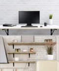 Heavy Duty 24 Inch Folding Shelf Brackets Two Pack Wall Mounted Table Lifts With Slick Swing Action installed on a desk.