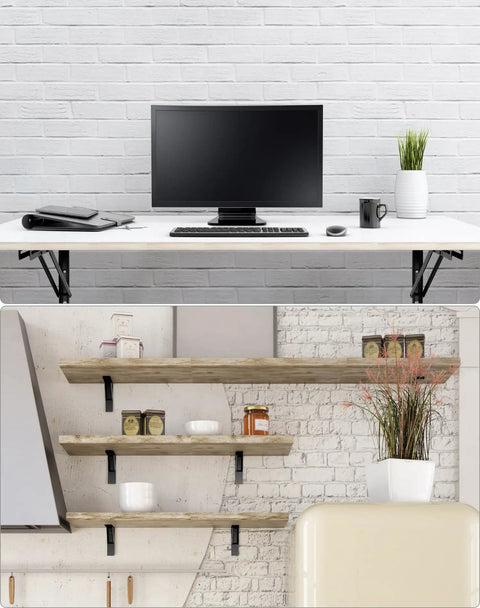 Heavy Duty 24 Inch Folding Shelf Brackets Two Pack Wall Mounted Table Lifts With Slick Swing Action installed on a desk.