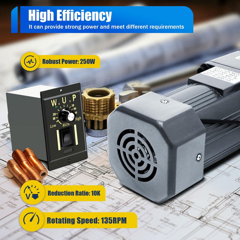 Heavy Duty Beefed Up 250W AC Gear Motor With Speed Controller, 135RPM Output, 10K Gear Reduction shown with controller on blueprint