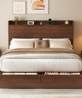 Queen Size Bed Frame With Storage Headboard And Two Drawers Mid Century Modern Platform Bed featuring solid wood slats and built-in charging station.