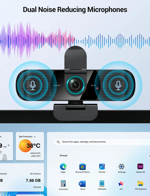UHD 4K Webcam With Dual Mics, Wide Angle Lens, Privacy Cover And Tripod Stand on monitor for streaming and gaming.