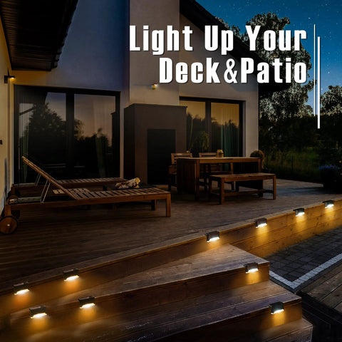 Solar LED Deck Lights 16 Pack Waterproof For Outdoor Stairs and Patio with warm white glow illuminating steps at night