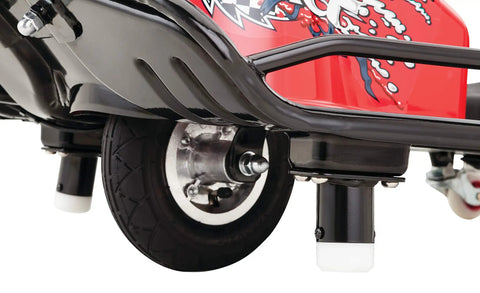 Close-up of Crazy Cart Sport 24V Electric Drifting Go Kart wheel and drift bar for precise controlled drifts, ages 9 plus