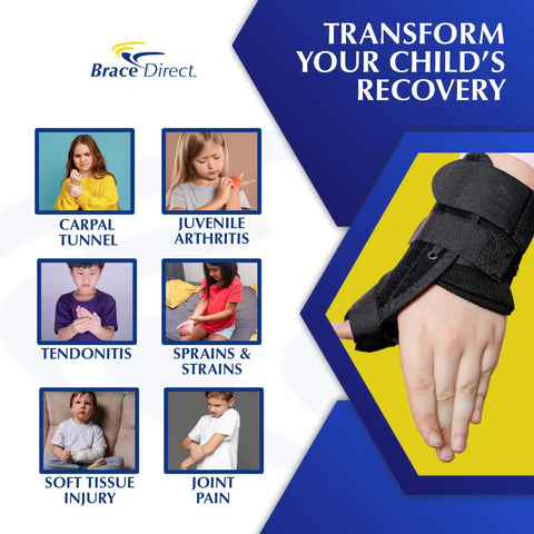 Kid Sized Thumb Spica Wrist Splint For Sprains And Tendonitis, Left Wrist Immobilizer For 3 To 5 Inch Circ in use on child's hand