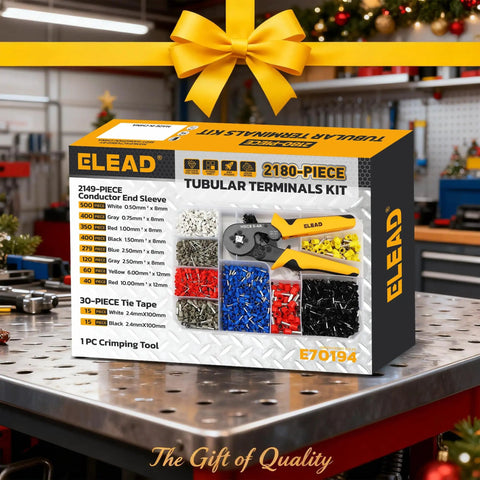 Ultimate 2180 Piece Ferrule Crimping Tool Kit For Wiring Pros And Gearheads displayed on a workbench.