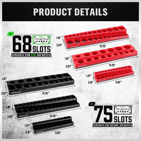 Six Piece Magnetic Socket Organizer Set For Metric And SAE Drives, Holds 143 Sockets In Red And Black Magnetic Trays, Sizes Labeled