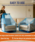 Woman using Blue Clear Plastic Chair Cover For Large Sofa And Couch Storage And Transport, Waterproof And Dustproof, Includes Label Windows For Easy Identification, Open Bag Size 65x42x34 Inches on armchair.