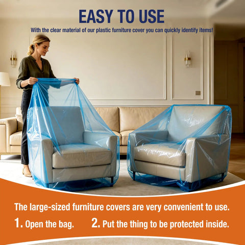 Woman using Blue Clear Plastic Chair Cover For Large Sofa And Couch Storage And Transport, Waterproof And Dustproof, Includes Label Windows For Easy Identification, Open Bag Size 65x42x34 Inches on armchair.