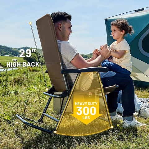 Man and child sitting on a foldable padded rocking chair with a 29 inch high back for outdoor chill sessions, supports 300 lbs, brown.