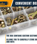 600 Piece Hex Bolt and Nut Set With Grade 5 Yellow Zinc Plated 1/4 20 5/16 18 3/8 16 Bolts And Nuts Plus Flat And Spring Washers Case Included For DIY Projects And Professional Work From ALBO in a convenient storage box.