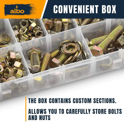 600 Piece Hex Bolt and Nut Set With Grade 5 Yellow Zinc Plated 1/4 20 5/16 18 3/8 16 Bolts And Nuts Plus Flat And Spring Washers Case Included For DIY Projects And Professional Work From ALBO in a convenient storage box.