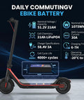 High Output 48V 21Ah LiFePO4 Battery Featuring Auto Grade Cells And A Badass Alloy Armor Shell Built Freakin Tough With Zero Sweat Waterproof Coating That Delivers Raw Power And Superior Reliability You Can Trust Every Time displayed on an electric scooter, showcasing specifications and size details.
