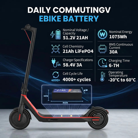 High Output 48V 21Ah LiFePO4 Battery Featuring Auto Grade Cells And A Badass Alloy Armor Shell Built Freakin Tough With Zero Sweat Waterproof Coating That Delivers Raw Power And Superior Reliability You Can Trust Every Time displayed on an electric scooter, showcasing specifications and size details.