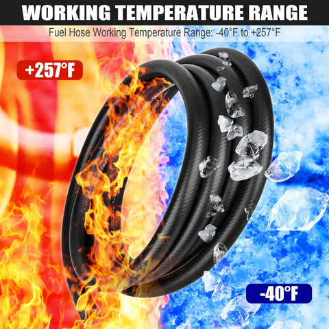 Three Eighth Inch ID Fuel Line Hose Ten Feet NBR Rubber Push Lock Truck Grade High Pressure 300 PSI For Automotive Fuel Systems And Engines Durable Fuel Line For Cars with flames and ice showing temperature range -40°F to +257°F