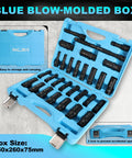 One Half Inch Drive Impact Socket Set, Beefy 29 Pieces With SAE Eighths To One Inch And Metric Ten To Twenty Four Millimeter Sizes, Standard And Deep Sockets With 3, 5, And 10 Inch Extension Bars, CR MO Steel High Torque For Truck Bearing Locknuts in blue blow-molded box.