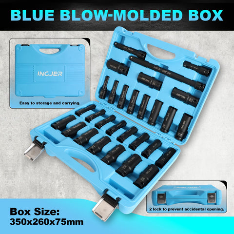 One Half Inch Drive Impact Socket Set, Beefy 29 Pieces With SAE Eighths To One Inch And Metric Ten To Twenty Four Millimeter Sizes, Standard And Deep Sockets With 3, 5, And 10 Inch Extension Bars, CR MO Steel High Torque For Truck Bearing Locknuts in blue blow-molded box.