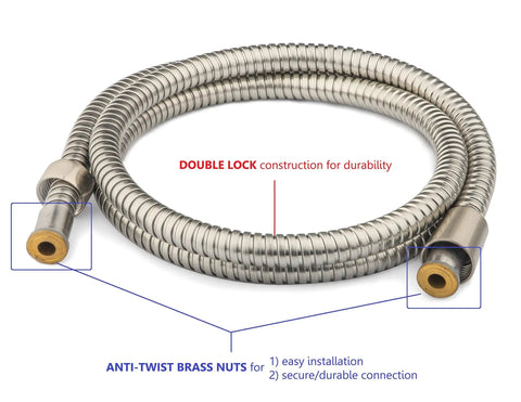 5 foot stainless steel hose with double lock construction and anti-twist brass nuts for 5 Inch Anti Clog High Pressure Dual Shower Head
