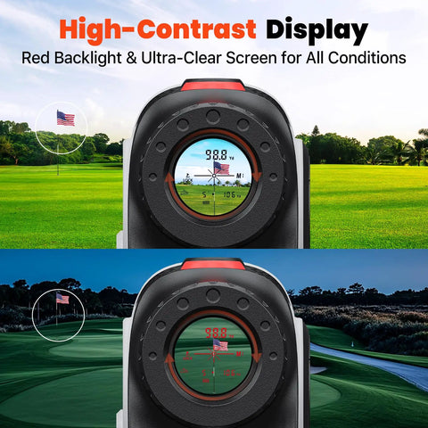 High-contrast display of Golf Rangefinder With Slope And Red Backlight, 1500-Yard Laser showing daytime and night vision views.