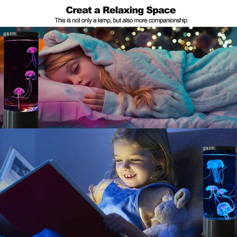 Two scenes of children relaxing with Bubble Fish Lava Lamp With LED Lights Color Changing Aquarium Night Light Featuring Four Artificial Fish.