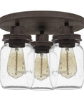 3-Light Textured Black Flush Mount With Faux Mahogany Wood Accents, Clear Glass Mason Jar Shade With Dope Rustic Lid, Durable Steel Construction
