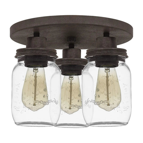 3-Light Textured Black Flush Mount With Faux Mahogany Wood Accents, Clear Glass Mason Jar Shade With Dope Rustic Lid, Durable Steel Construction