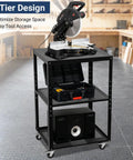 Heavy Duty Planer Stand With 27.6 Inches By 24 Inches Work Surface, Adjustable Height From 31 To 44.7 Inches, 550 Pound Capacity, Four Casters, And Built In Storage Shelves For Planers Saws Bench Top Machines And Power Tools, shown with tools and equipment in workshop setting.