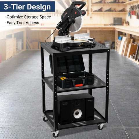 Heavy Duty Planer Stand With 27.6 Inches By 24 Inches Work Surface, Adjustable Height From 31 To 44.7 Inches, 550 Pound Capacity, Four Casters, And Built In Storage Shelves For Planers Saws Bench Top Machines And Power Tools, shown with tools and equipment in workshop setting.