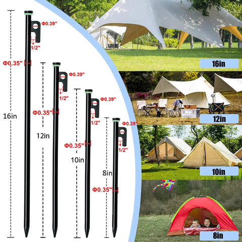 Heavy Duty Tent Stakes Kit With Hammer And Pouch, 12-Pack 10-Inch Forged Steel Stakes For Rocky Ground, size comparison chart