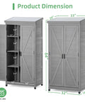 Outdoor Cedar Wood Storage Shed With Metal Top Built To Last Tall Vertical Tool Cabinet for Backyard, 68x33x20 inches, grey