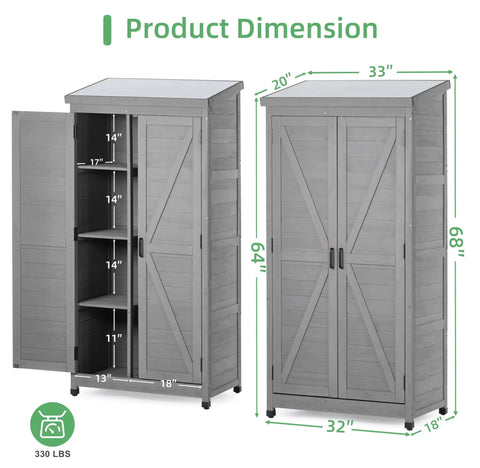 Outdoor Cedar Wood Storage Shed With Metal Top Built To Last Tall Vertical Tool Cabinet for Backyard, 68x33x20 inches, grey