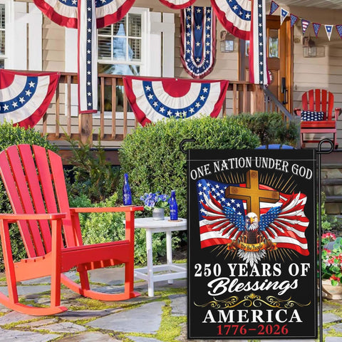 Patriotic 250th Anniversary USA Flag for Outside Garden Decor, displayed with red chair and porch, features 'One Nation Under God' and eagle design.