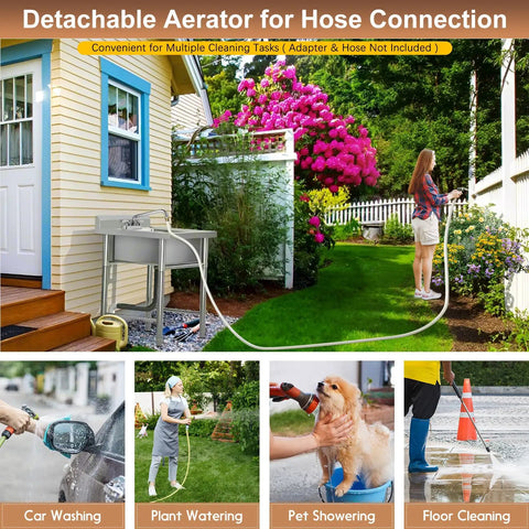 Outdoor detachable aerator hose connected to Leak-Free 6-Inch Swivel Bar Sink Faucet With Ceramic Valve Cartridge for garden use.