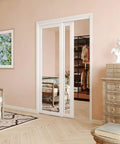 Mirror Sliding Closet Door 48 Inch Wide Double 25 Inch Panels 80 Inch Tall With Hardware Track Kit installed in bedroom