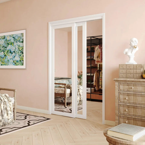 Mirror Sliding Closet Door 48 Inch Wide Double 25 Inch Panels 80 Inch Tall With Hardware Track Kit installed in bedroom
