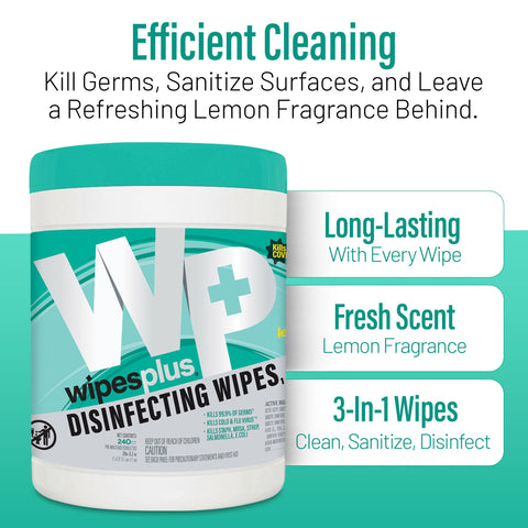 Bleach-Free Lemon Scent Disinfecting Surface Wipes Canister, 240 Count, 3-In-1 Cleaner That Kills Ninety Nine Point Nine Percent Germs