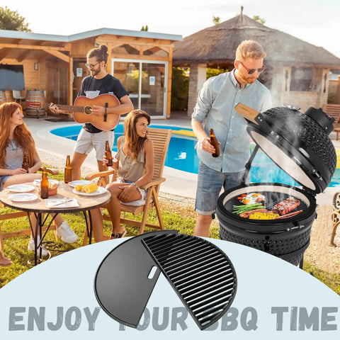18 Inch Half Moon Cooking Grate And Reversible Griddle For Kamado Joe Classic I II III Large Big Green Egg Vision Grill B11N1A1 Y2A VGKSS-CC2 Stand Alone Solo Stove Grill Heavy Duty Outdoor Kitchen Accessory shown in outdoor BBQ setting