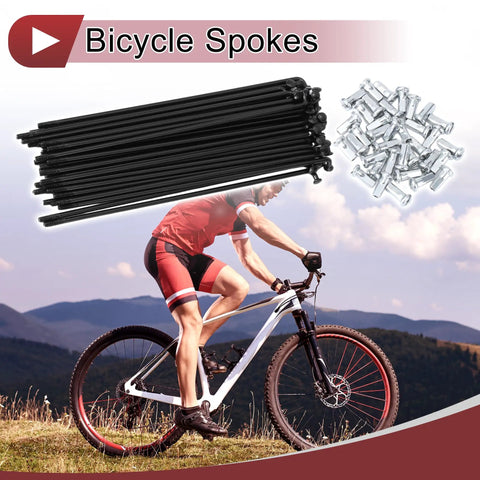 36-Piece 12G Bicycle Spokes Set With 133mm Length, 2.5mm Diameter, 45 Steel Black Finish displayed with a cyclist on a mountain bike.