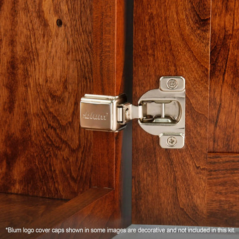 Soft Close Cabinet Hinge With Blumotion For One And One Quarter Inch Overlay 110 Degree Opening Nickel Plated Steel installed on cabinet