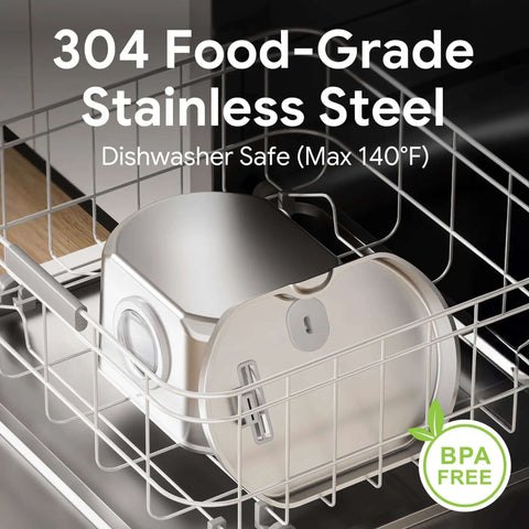 Stainless Steel Cat Water Fountain With 73oz Capacity Easy View Water Level Window in dishwasher, BPA free label visible.