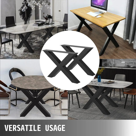 Beefy Pair of Heavy Duty Steel Table Legs, 28 Inch High by 31 Inch Wide X Frame 3.1 Inch Square Box Legs, Black Powder Coated Industrial Dining Table Supports displayed with versatile usage.