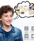 Child imagining Remote Control Boat Building Kit For Kids Ages 8-12 with parts layout and skill icons